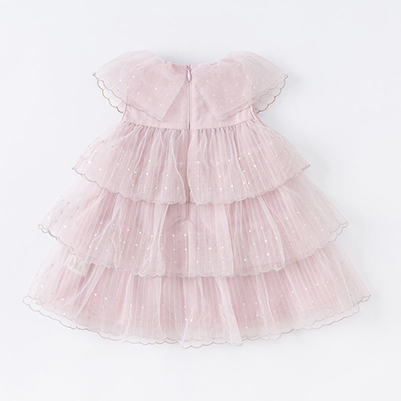 فستان بنات صيفي من التول بالبنفسجي الفاتح بأسلوب أميرة بتنورة متعددة الطبقات