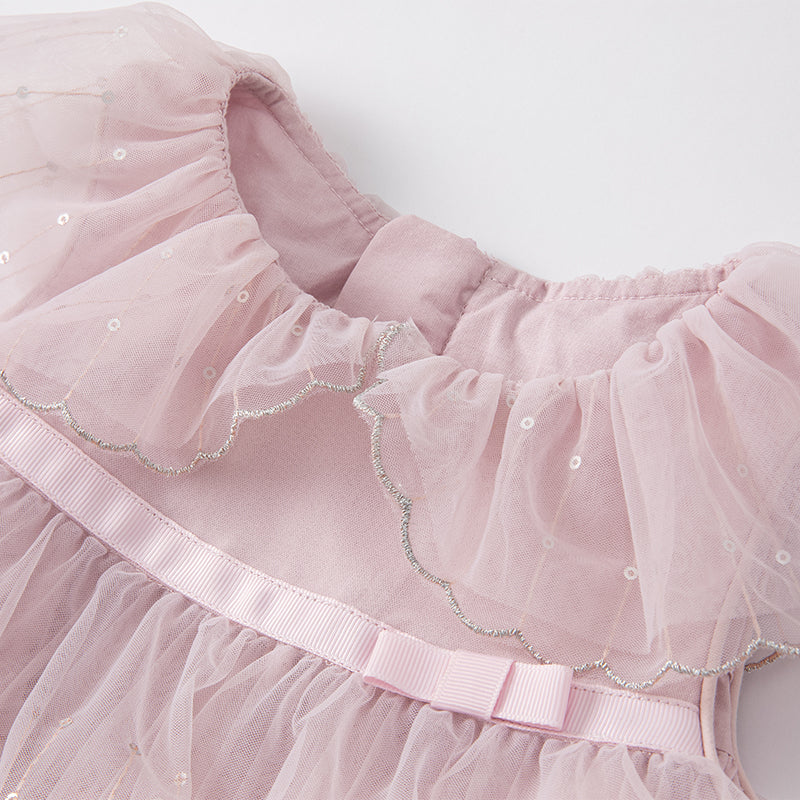 فستان بنات صيفي من التول بالبنفسجي الفاتح بأسلوب أميرة بتنورة متعددة الطبقات