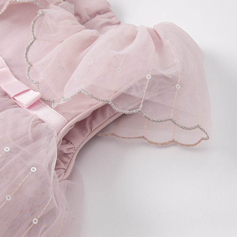 فستان بنات صيفي من التول بالبنفسجي الفاتح بأسلوب أميرة بتنورة متعددة الطبقات