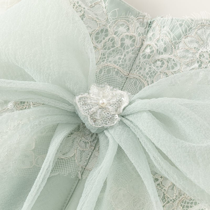 فستان صيفي للبنات باللون الأخضر من التول مع دانتيل مطرز بتصميم فاخر