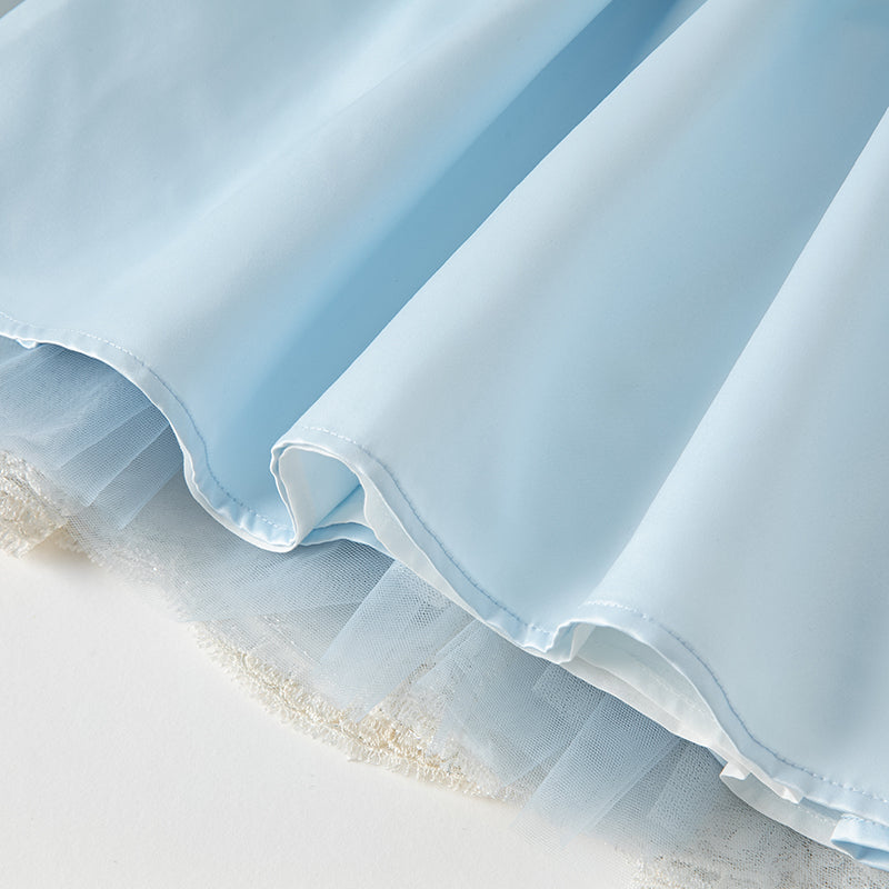 فستان أميرة شبكي مزين بتطريز وترتر للبنات للصيف باللون الأزرق الفاتح