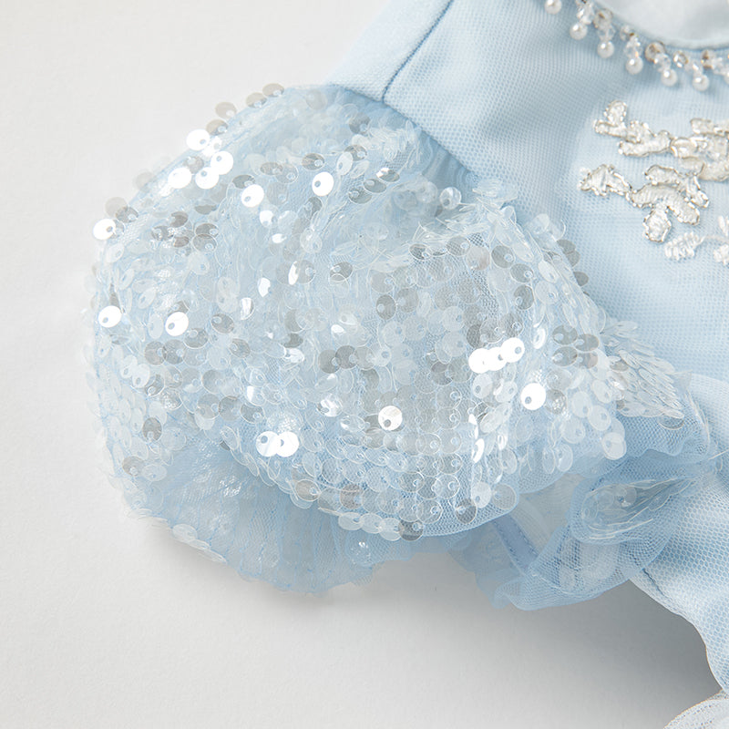 فستان أميرة شبكي مزين بتطريز وترتر للبنات للصيف باللون الأزرق الفاتح