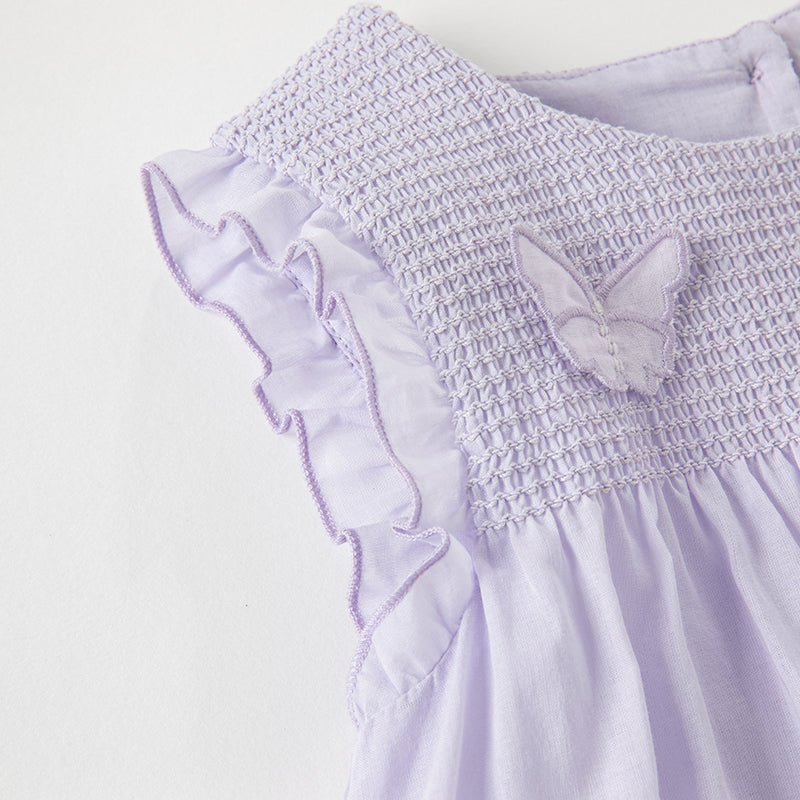 فستان بناتي صيفي بدون أكمام باللون البنفسجي الفاتح، بتصميم أميرة مزين بفراشات ثلاثية الأبعاد