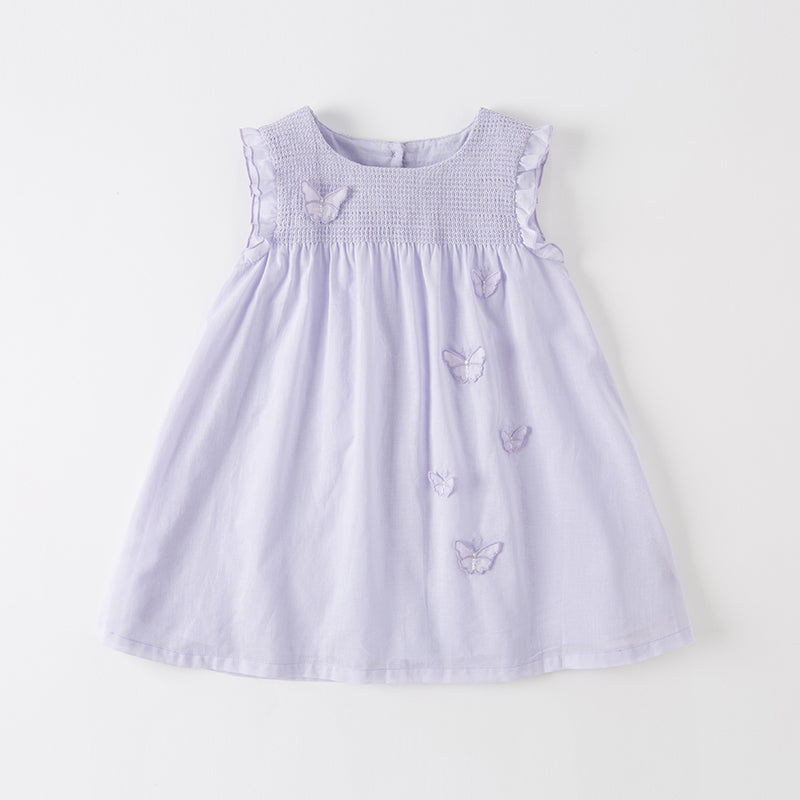 فستان بناتي صيفي بدون أكمام باللون البنفسجي الفاتح، بتصميم أميرة مزين بفراشات ثلاثية الأبعاد