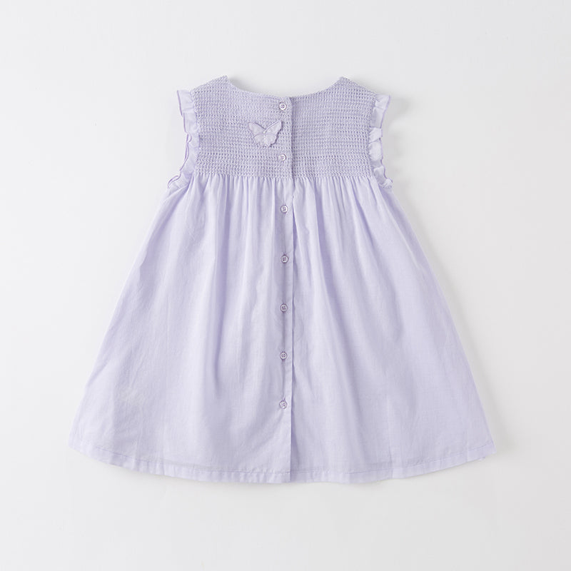 فستان بناتي صيفي بدون أكمام باللون البنفسجي الفاتح، بتصميم أميرة مزين بفراشات ثلاثية الأبعاد