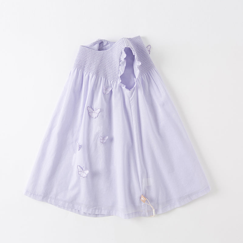 فستان بناتي صيفي بدون أكمام باللون البنفسجي الفاتح، بتصميم أميرة مزين بفراشات ثلاثية الأبعاد