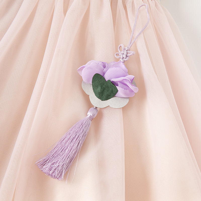 فستان بنات صيفي من التول باللون البنفسجي الفاتح بأسلوب صيني عصري (يشمل زينة تدلي من الخيوط الصينية)