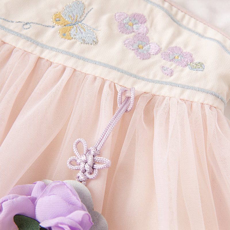 فستان بنات صيفي من التول باللون البنفسجي الفاتح بأسلوب صيني عصري (يشمل زينة تدلي من الخيوط الصينية)