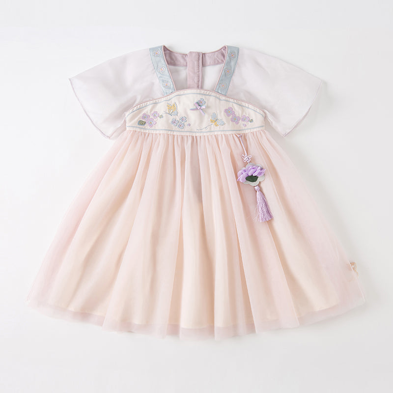 فستان بنات صيفي من التول باللون البنفسجي الفاتح بأسلوب صيني عصري (يشمل زينة تدلي من الخيوط الصينية)