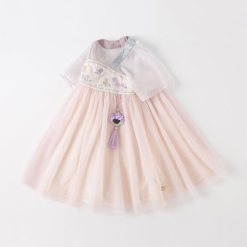 فستان بنات صيفي من التول باللون البنفسجي الفاتح بأسلوب صيني عصري (يشمل زينة تدلي من الخيوط الصينية)