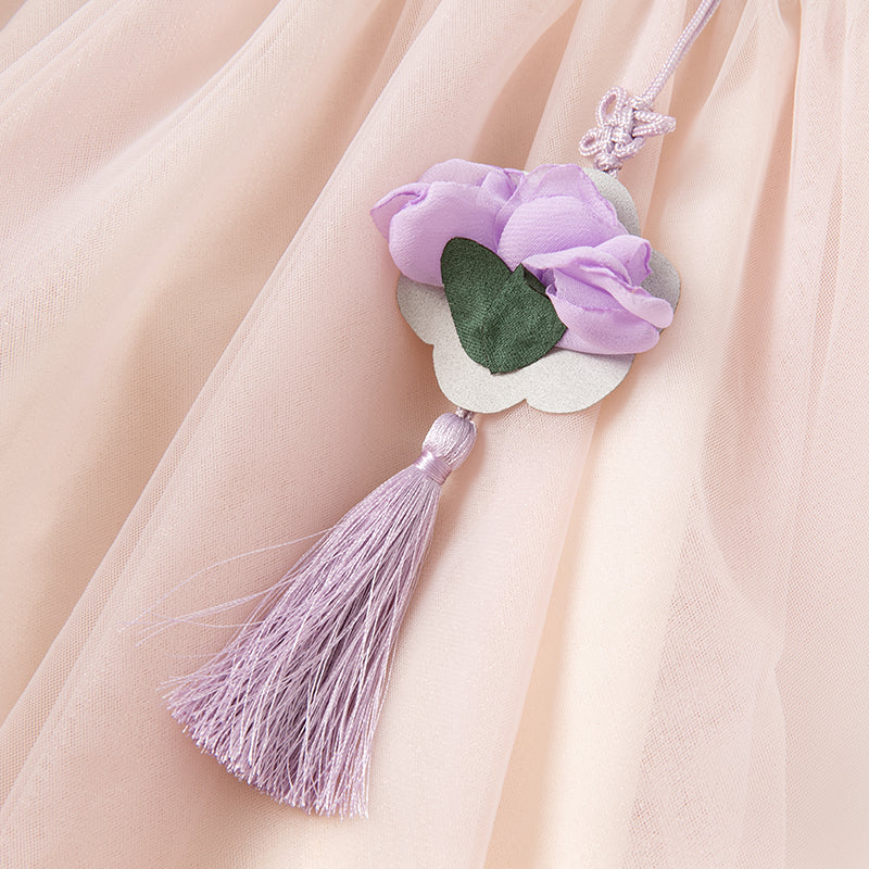 فستان بنات صيفي من التول باللون البنفسجي الفاتح بأسلوب صيني عصري (يشمل زينة تدلي من الخيوط الصينية)