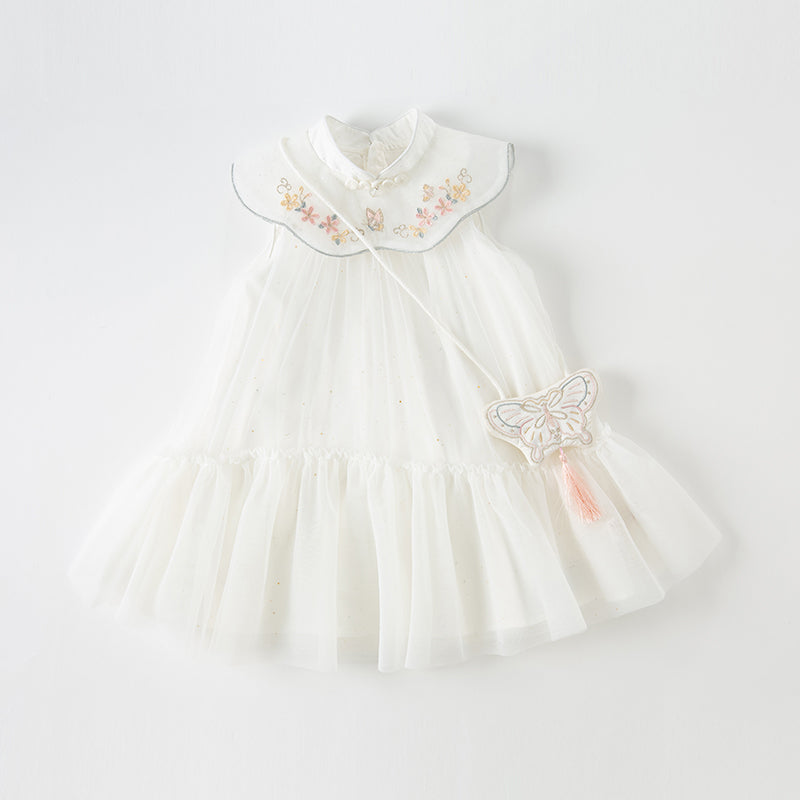 فستان شبكي أبيض صيفي للفتيات مع تطريز ووشاح كتف زخرفي (يشمل حقيبة كروس)