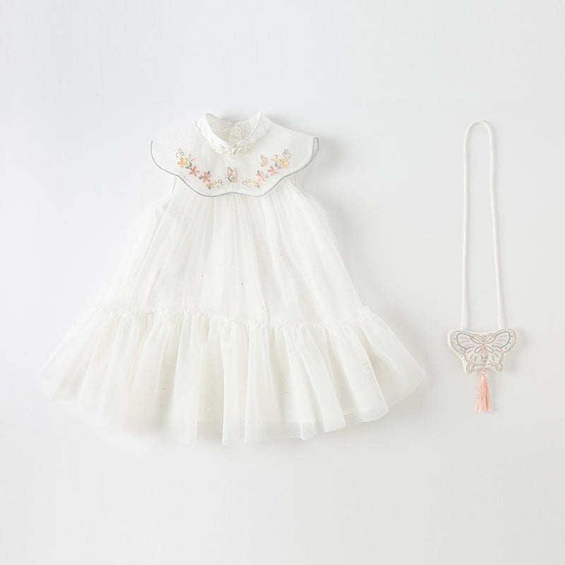 فستان شبكي أبيض صيفي للفتيات مع تطريز ووشاح كتف زخرفي (يشمل حقيبة كروس)