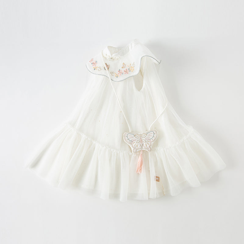 فستان شبكي أبيض صيفي للفتيات مع تطريز ووشاح كتف زخرفي (يشمل حقيبة كروس)