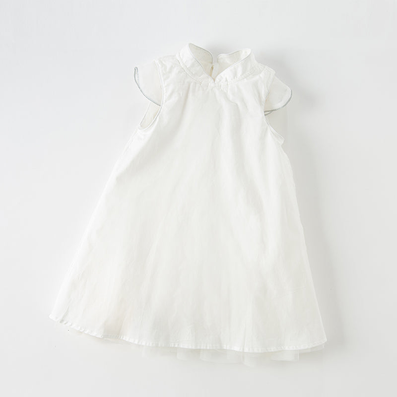 فستان شبكي أبيض صيفي للفتيات مع تطريز ووشاح كتف زخرفي (يشمل حقيبة كروس)