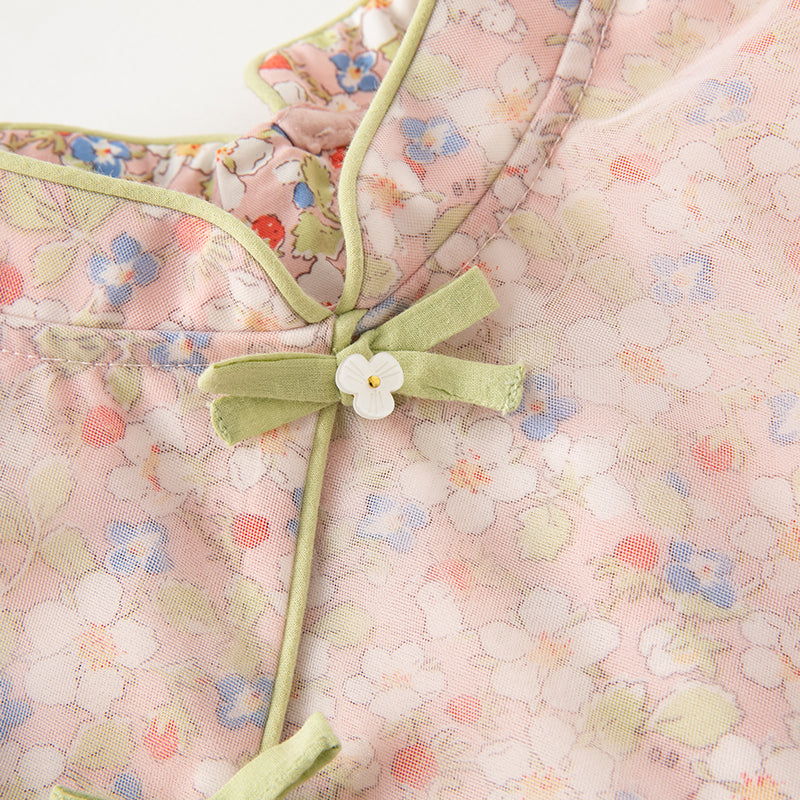 فستان صيفي للبنات بتصميم صيني مزخرف بالزهور (يشمل حقيبة كروس)