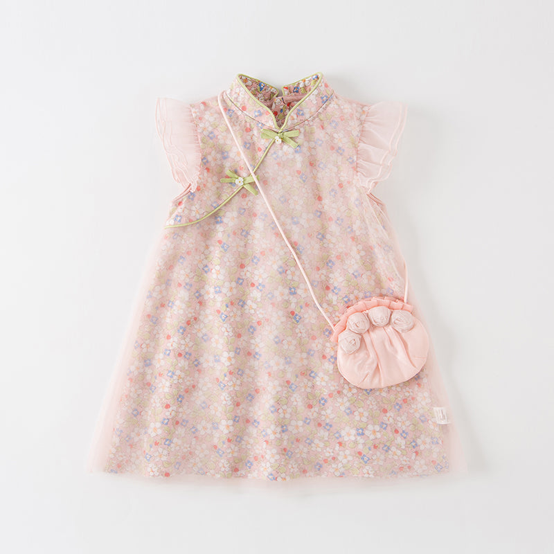 فستان صيفي للبنات بتصميم صيني مزخرف بالزهور (يشمل حقيبة كروس)