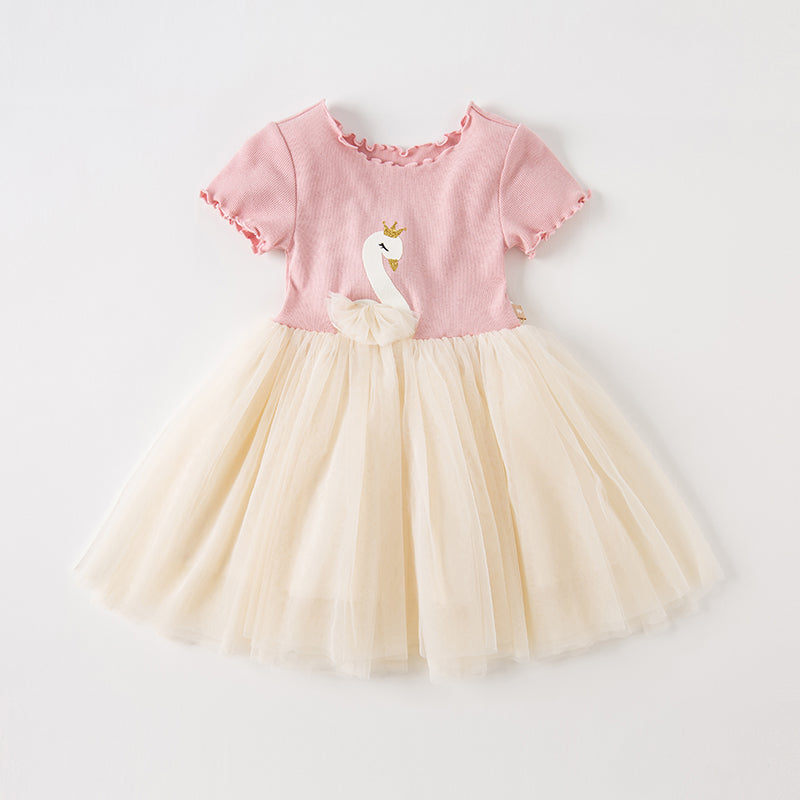 فستان شبكي بناتي لصيف بتصميم طائر البجعة الوردي مع طبعة