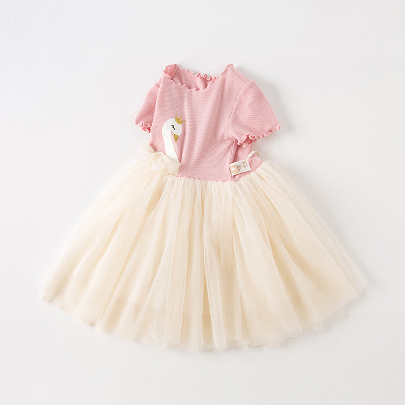 فستان شبكي بناتي لصيف بتصميم طائر البجعة الوردي مع طبعة