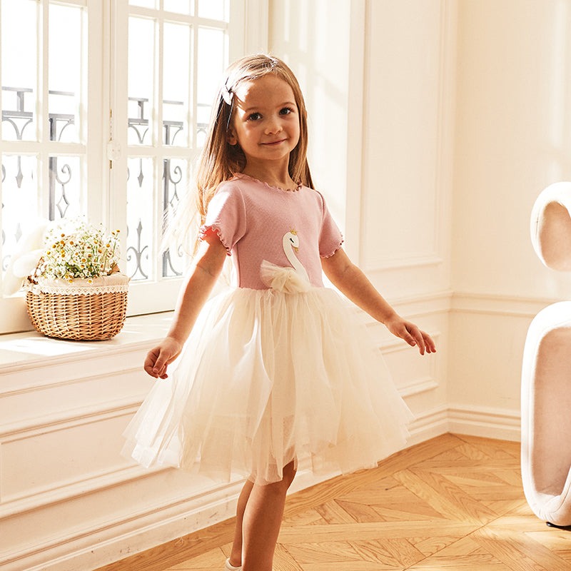 فستان شبكي بناتي لصيف بتصميم طائر البجعة الوردي مع طبعة