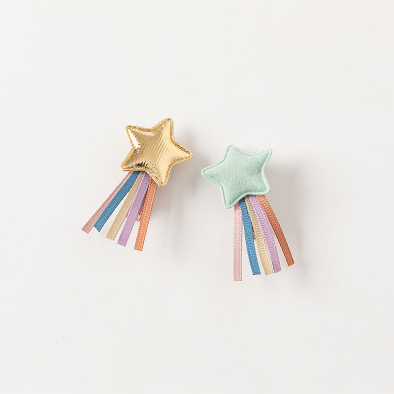 طقم مشابك شعر للبنات الصغيرات – 3 تصاميم (قوس / نجوم / وردي وبنفسجي متعدد الألوان)، إكسسوارات شعر من القماش مع لمسات لامعة للأطفال