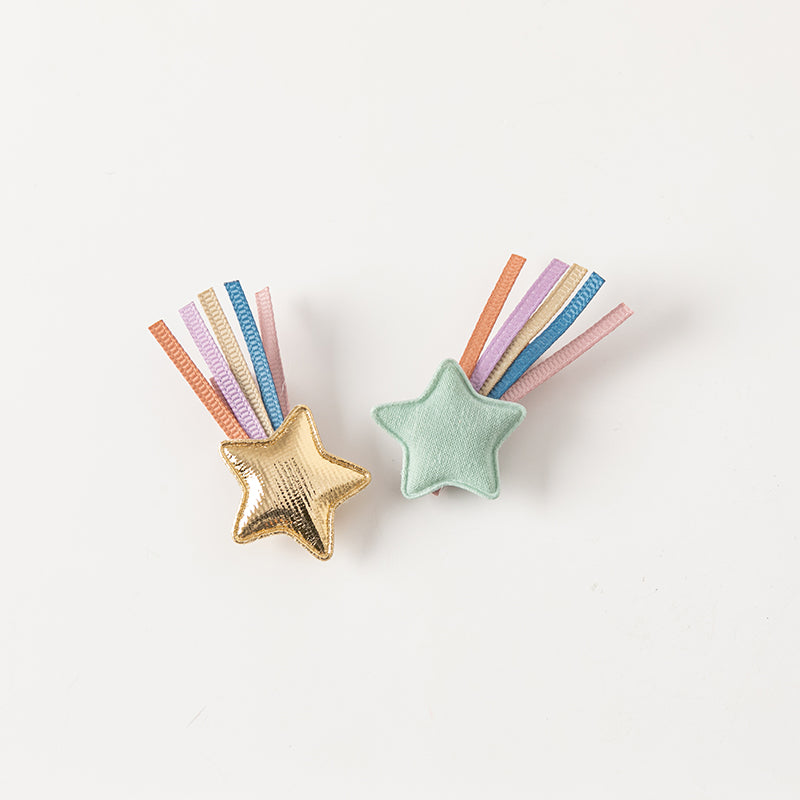 طقم مشابك شعر للبنات الصغيرات – 3 تصاميم (قوس / نجوم / وردي وبنفسجي متعدد الألوان)، إكسسوارات شعر من القماش مع لمسات لامعة للأطفال