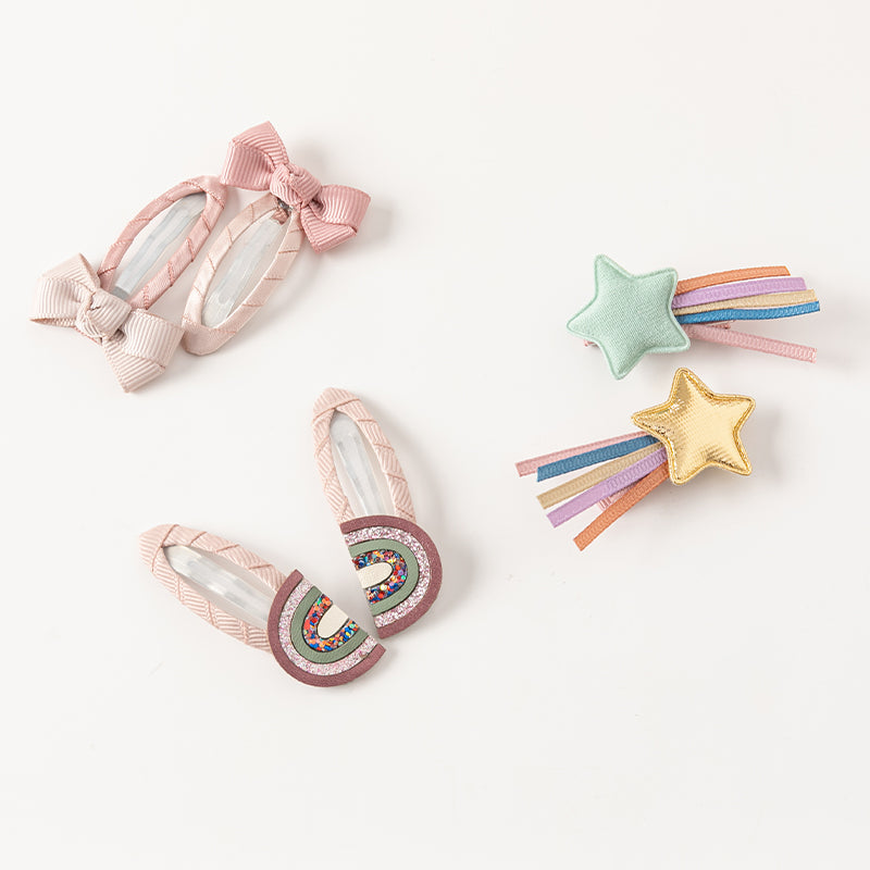 طقم مشابك شعر للبنات الصغيرات – 3 تصاميم (قوس / نجوم / وردي وبنفسجي متعدد الألوان)، إكسسوارات شعر من القماش مع لمسات لامعة للأطفال