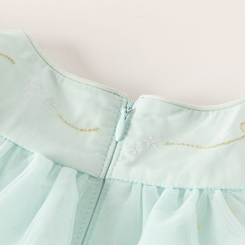 فستان بنات صيفي شبكي باللون الأخضر الفيروزي الفاتح بتنورة كيك متعددة الطبقات