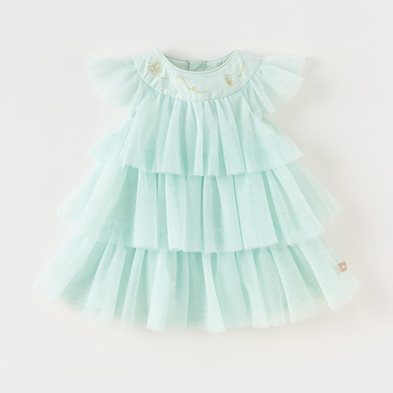 فستان بنات صيفي شبكي باللون الأخضر الفيروزي الفاتح بتنورة كيك متعددة الطبقات