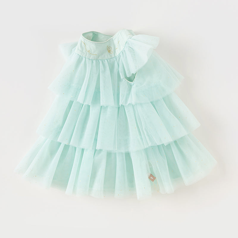 فستان بنات صيفي شبكي باللون الأخضر الفيروزي الفاتح بتنورة كيك متعددة الطبقات