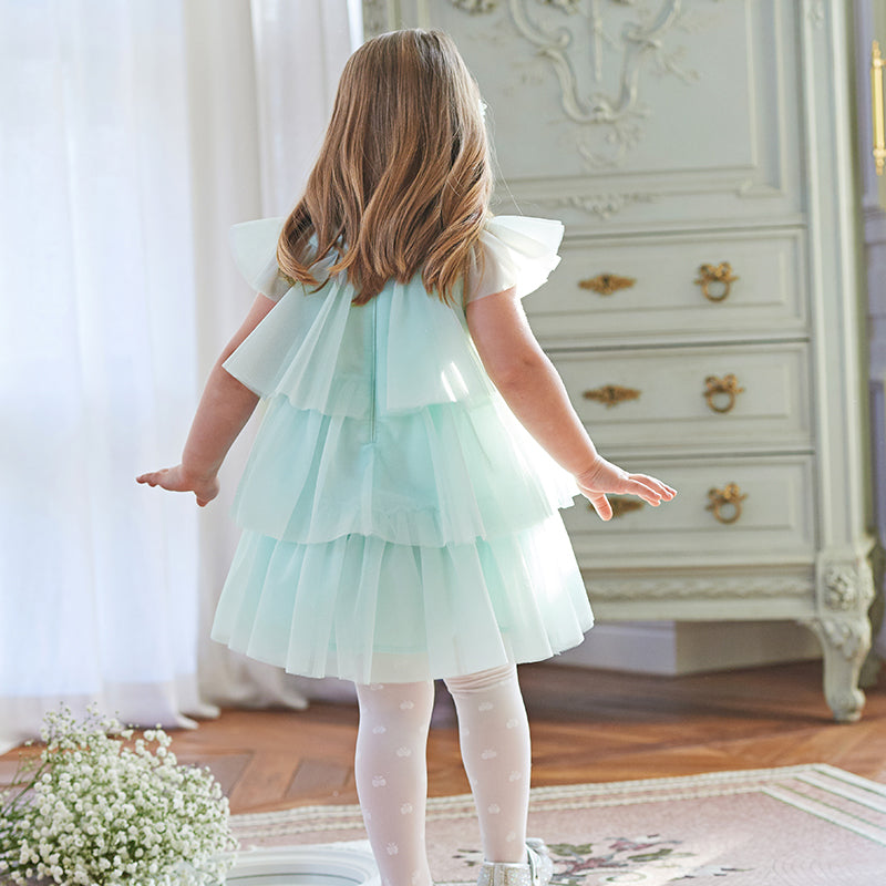 فستان بنات صيفي شبكي باللون الأخضر الفيروزي الفاتح بتنورة كيك متعددة الطبقات