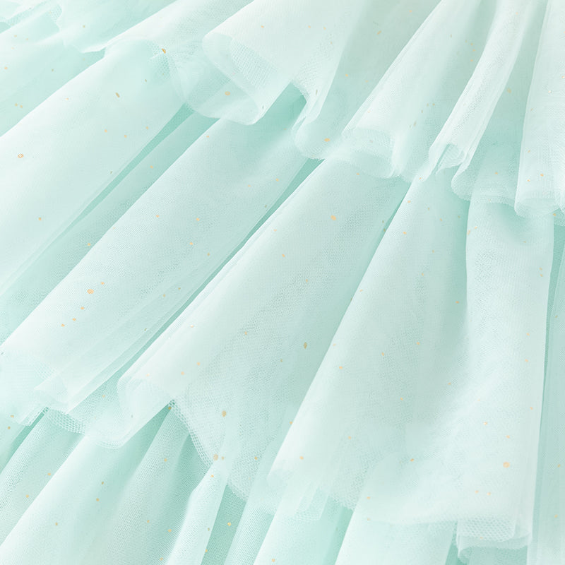 فستان بنات صيفي شبكي باللون الأخضر الفيروزي الفاتح بتنورة كيك متعددة الطبقات