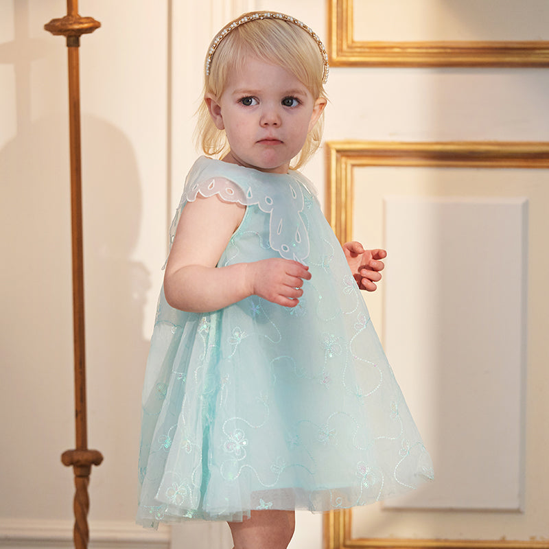 فستان صيفي للبنات، أخضر فيروزي فاتح، شبكي، أسلوب أميرة مع زينة فراشة رومانسية