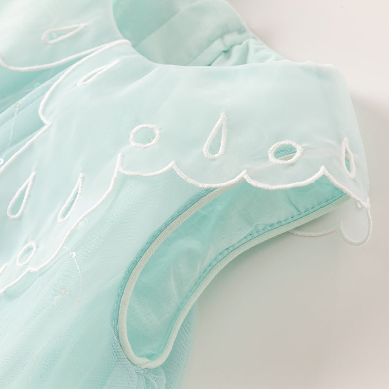 فستان صيفي للبنات، أخضر فيروزي فاتح، شبكي، أسلوب أميرة مع زينة فراشة رومانسية