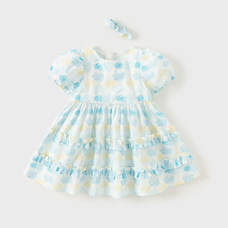 فستان بنات صيفي من القطن باللون الأزرق بأسلوب أميرة (يشمل ربطة شعر)