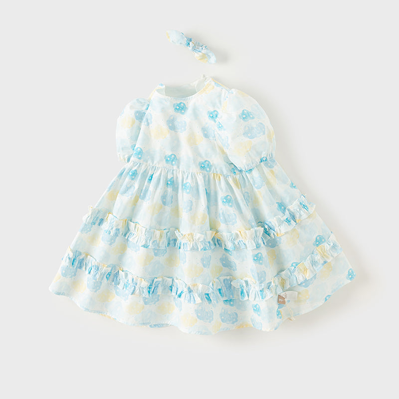 فستان بنات صيفي من القطن باللون الأزرق بأسلوب أميرة (يشمل ربطة شعر)