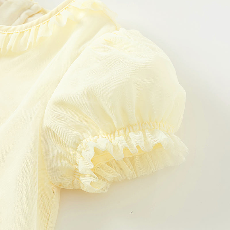 فستان صيفي للبنات الصغيرات من التول باللون الأصفر مزين برسمة قناديل البحر