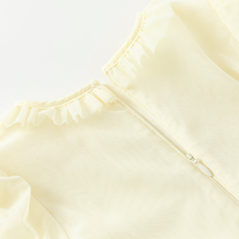 فستان صيفي للبنات الصغيرات من التول باللون الأصفر مزين برسمة قناديل البحر