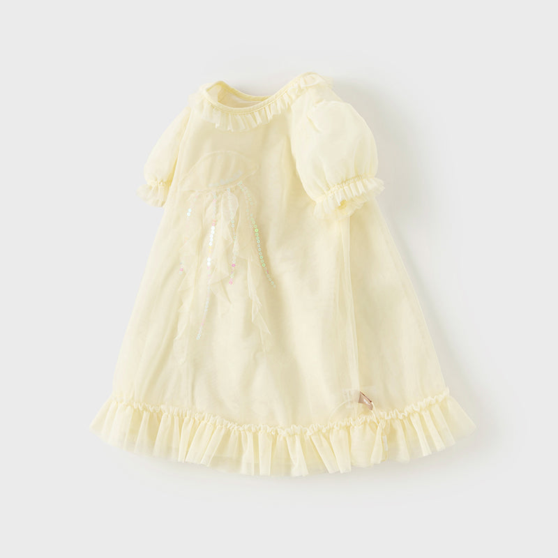 فستان صيفي للبنات الصغيرات من التول باللون الأصفر مزين برسمة قناديل البحر