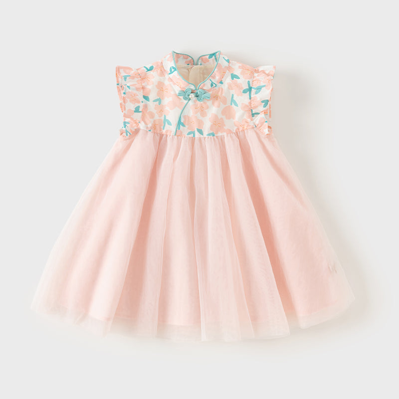 فستان بنات صيفي من التول بطبعة زهرية، بأسلوب صيني عصري