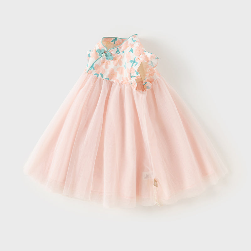 فستان بنات صيفي من التول بطبعة زهرية، بأسلوب صيني عصري