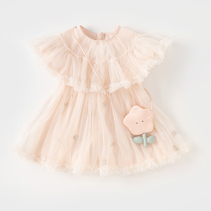 فستان صيفي للبنات الصغيرات من التول باللون الوردي الفاتح بتصميم لطيف (يشمل حقيبة كروس)