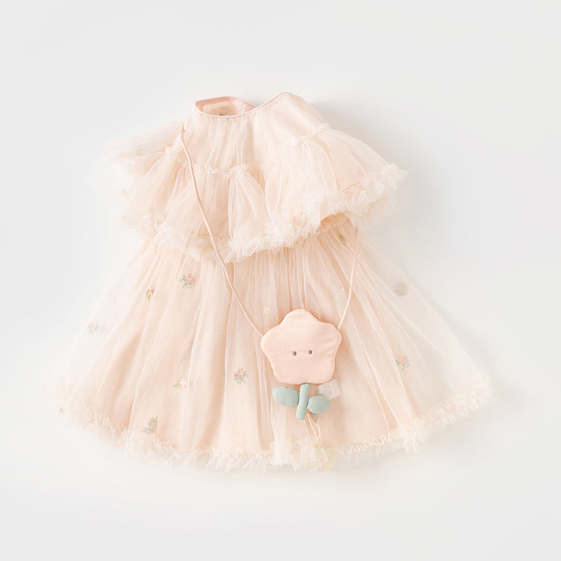 فستان صيفي للبنات الصغيرات من التول باللون الوردي الفاتح بتصميم لطيف (يشمل حقيبة كروس)