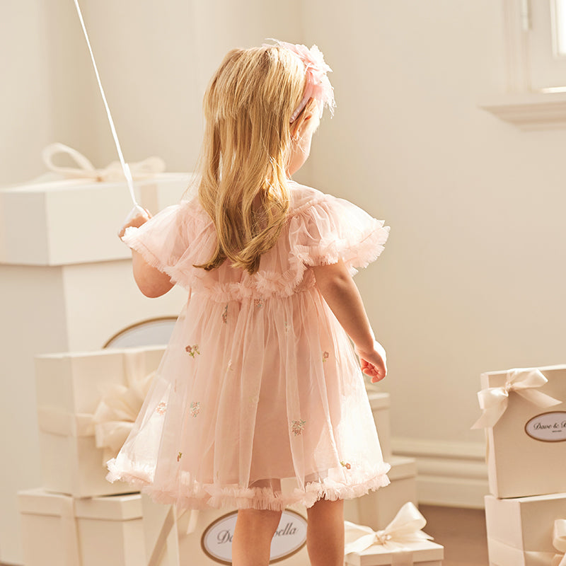 فستان صيفي للبنات الصغيرات من التول باللون الوردي الفاتح بتصميم لطيف (يشمل حقيبة كروس)