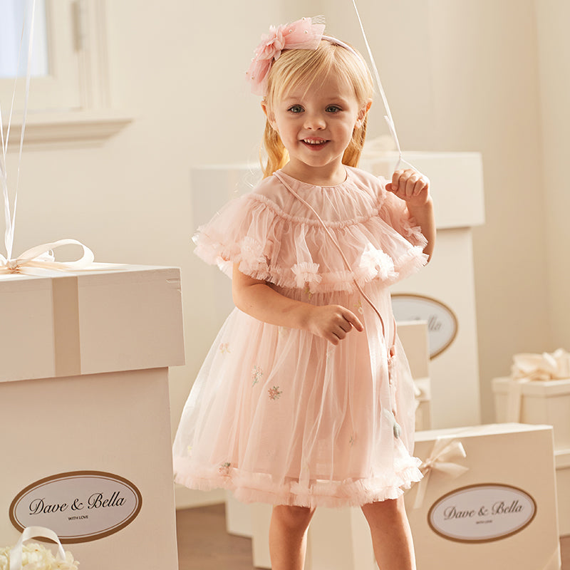 فستان صيفي للبنات الصغيرات من التول باللون الوردي الفاتح بتصميم لطيف (يشمل حقيبة كروس)