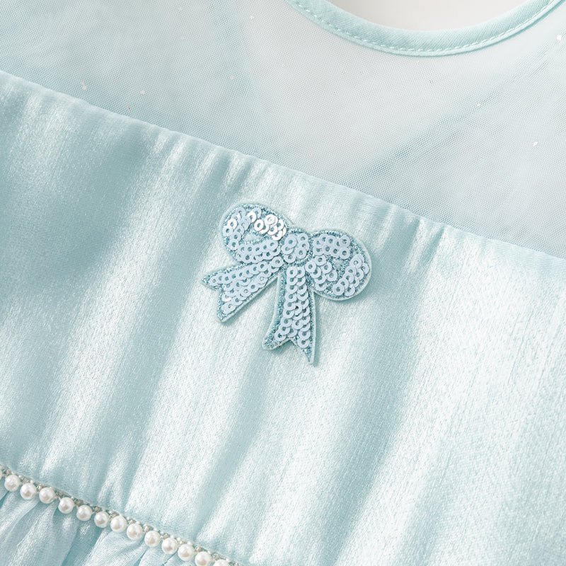 فستان بنات صيفي من التول باللون الأزرق الجليدي تصميم أميري أنيق