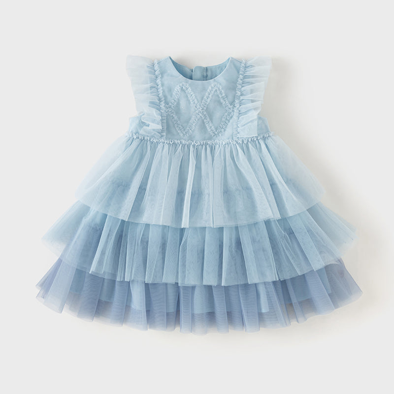 فستان أميرة شبكي متعدد الطبقات بلا أكمام باللون الأزرق لفصل الصيف للفتيات