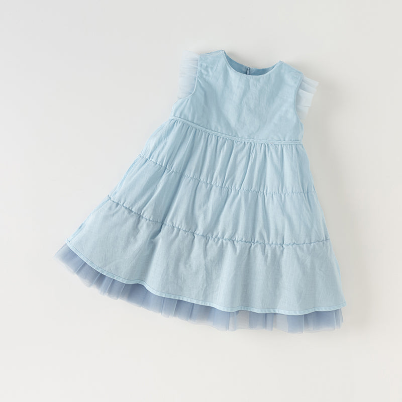 فستان أميرة شبكي متعدد الطبقات بلا أكمام باللون الأزرق لفصل الصيف للفتيات