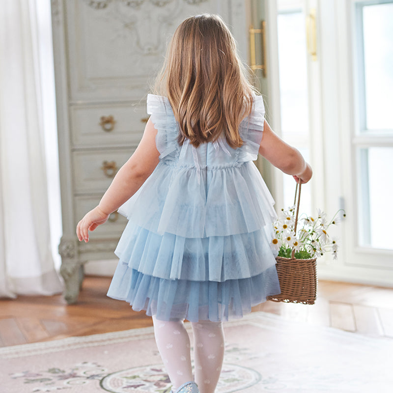 فستان أميرة شبكي متعدد الطبقات بلا أكمام باللون الأزرق لفصل الصيف للفتيات