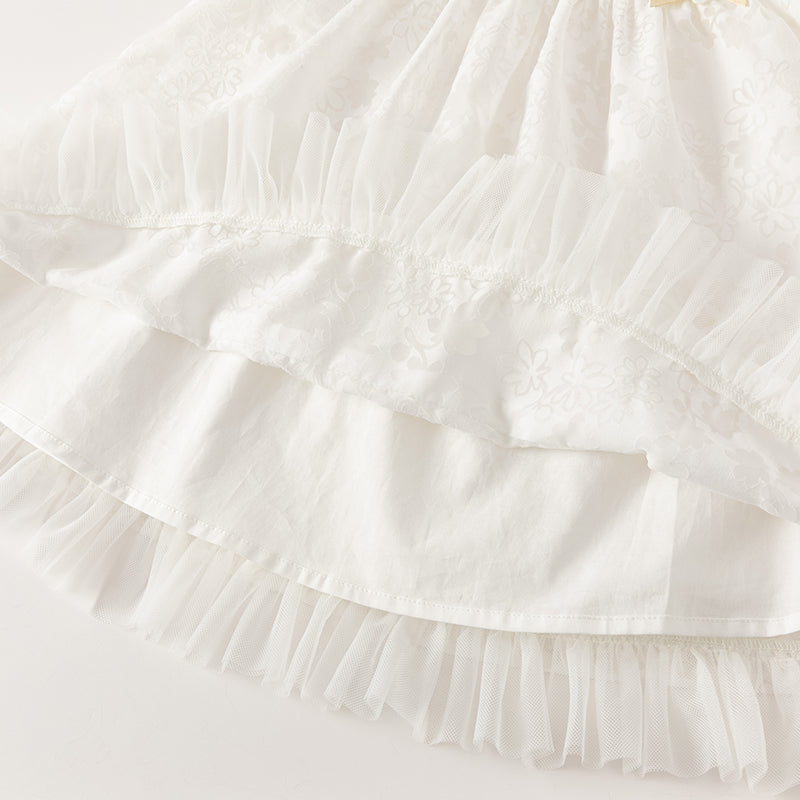 فستان صيفي للبنات الصغيرات من التول الأبيض بأكمام فقاعة وتنورة على شكل حرف A